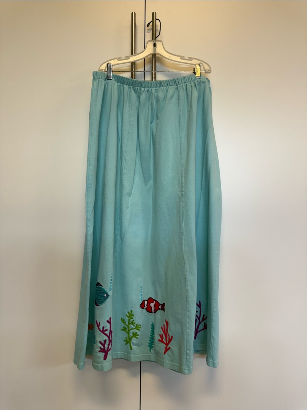 Michael Simon Lite Aqua Embroidered Fish Coral Maxi Skirt